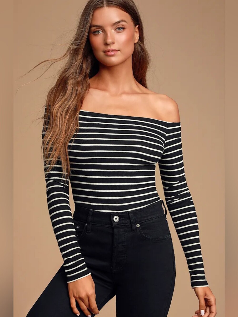 Z Supply Capria Black and White Striped Off-the-Shoulder Top Small